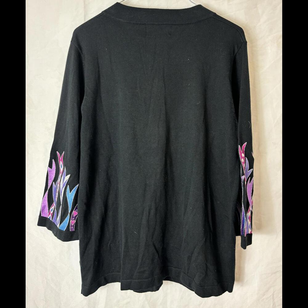 Bob Mackie Wearable Art Black Knit Cardigan with Colorful Embroidery - Size S - Picture 3 of 3
